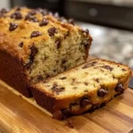 Moist chocolate chip banana bread on cutting board