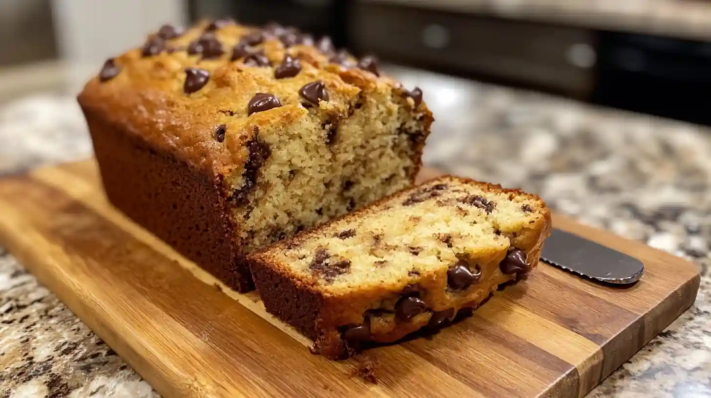 Moist chocolate chip banana bread on cutting board