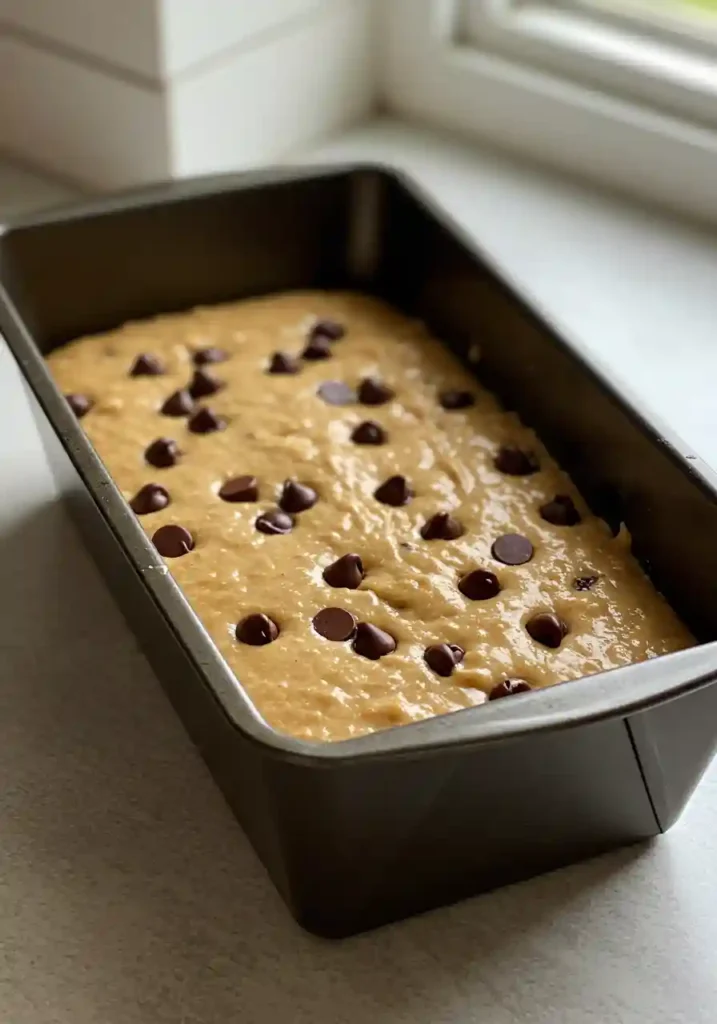 Chocolate chip banana bread batter in loaf pan