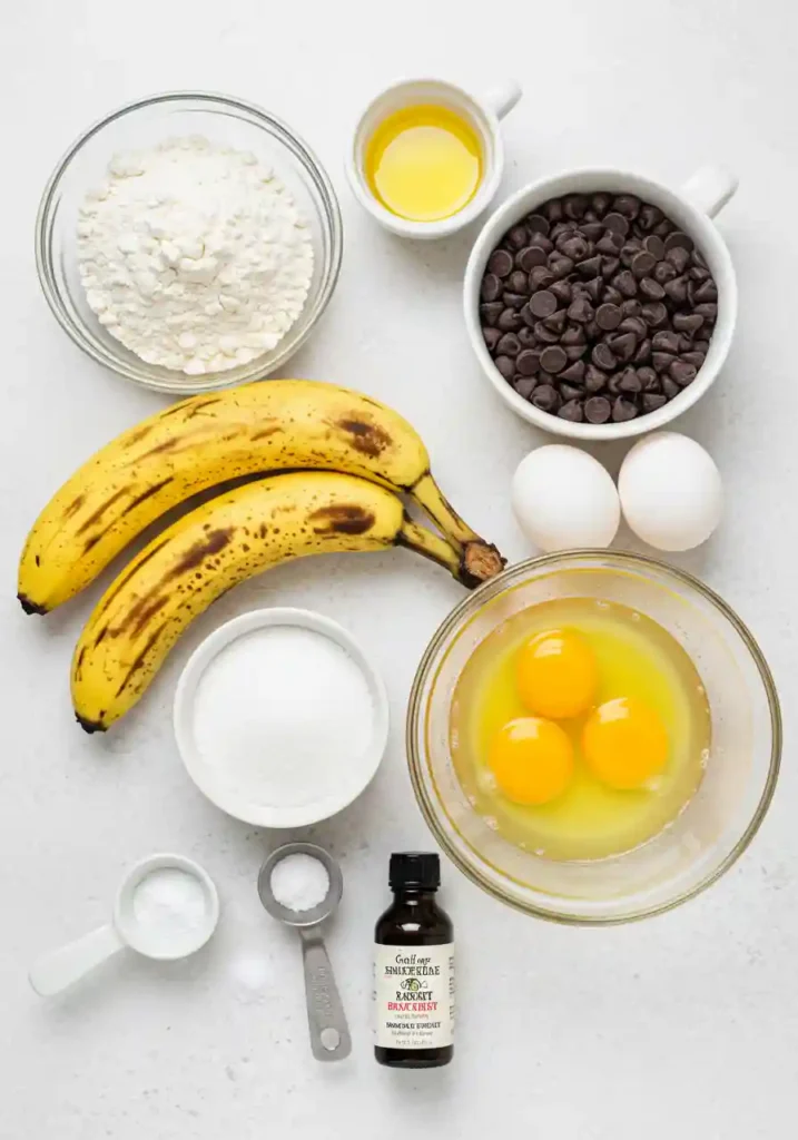 Bananas, flour, chocolate chips, and baking essentials