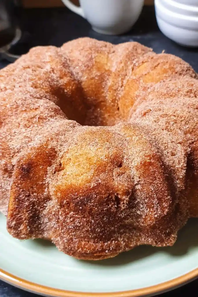 Hands brushing melted butter on warm bundt cake before rolling in cinnamon sugar mixture
