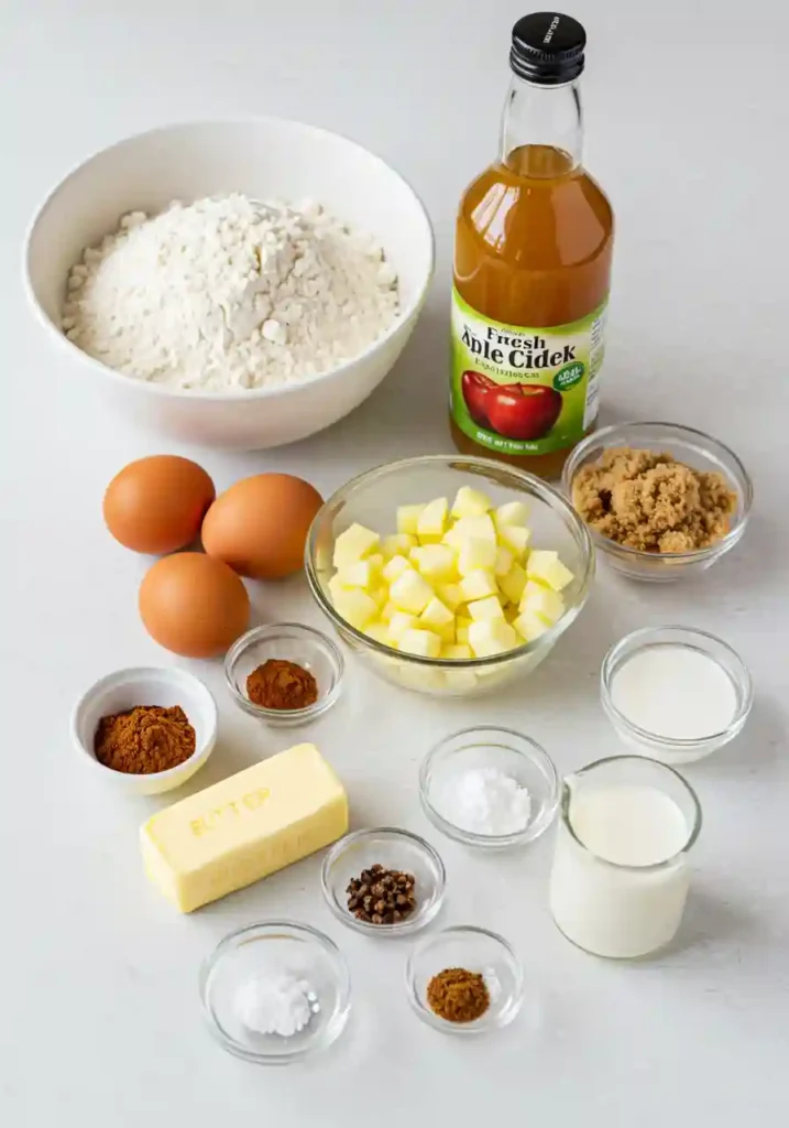 All ingredients for apple cider donut cake laid out including flour, spices, apple cider, butter, and eggs