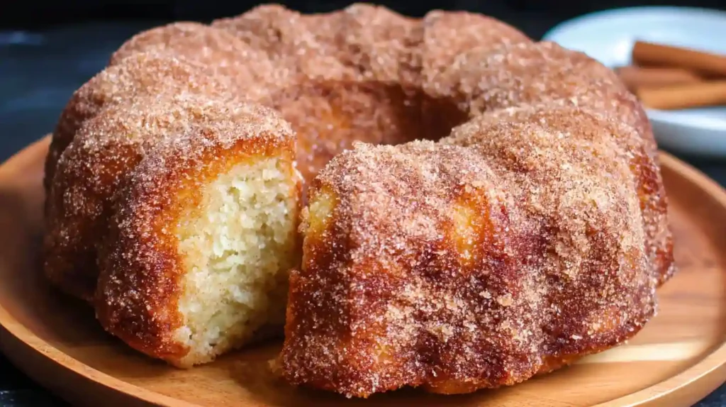 Sliced apple cider donut bundt cake with golden cinnamon sugar coating on white serving plate