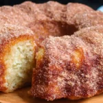 Sliced apple cider donut bundt cake with golden cinnamon sugar coating on white serving plate
