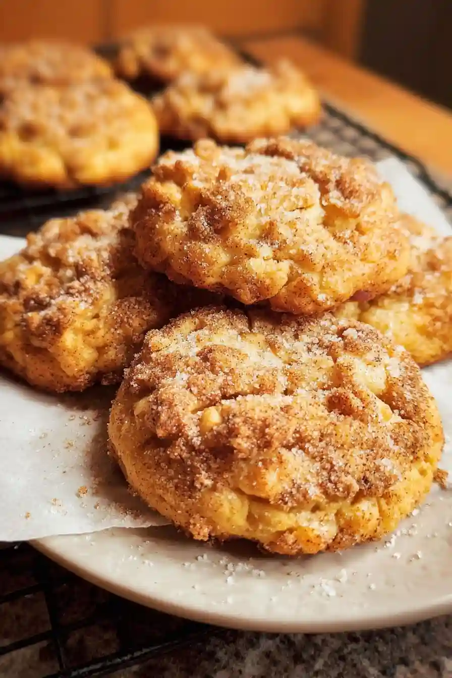 Apple Pie Cookies with crumble topping baking on a parchment-lined baking sheet in the oven