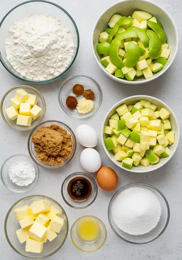 Ingredients for Apple Pie Cookies including flour, butter, brown sugar, fresh apples, and spices arranged on a countertop