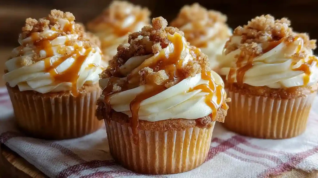 Delicious apple pie cupcakes topped with swirled cinnamon buttercream frosting on a rustic wooden board