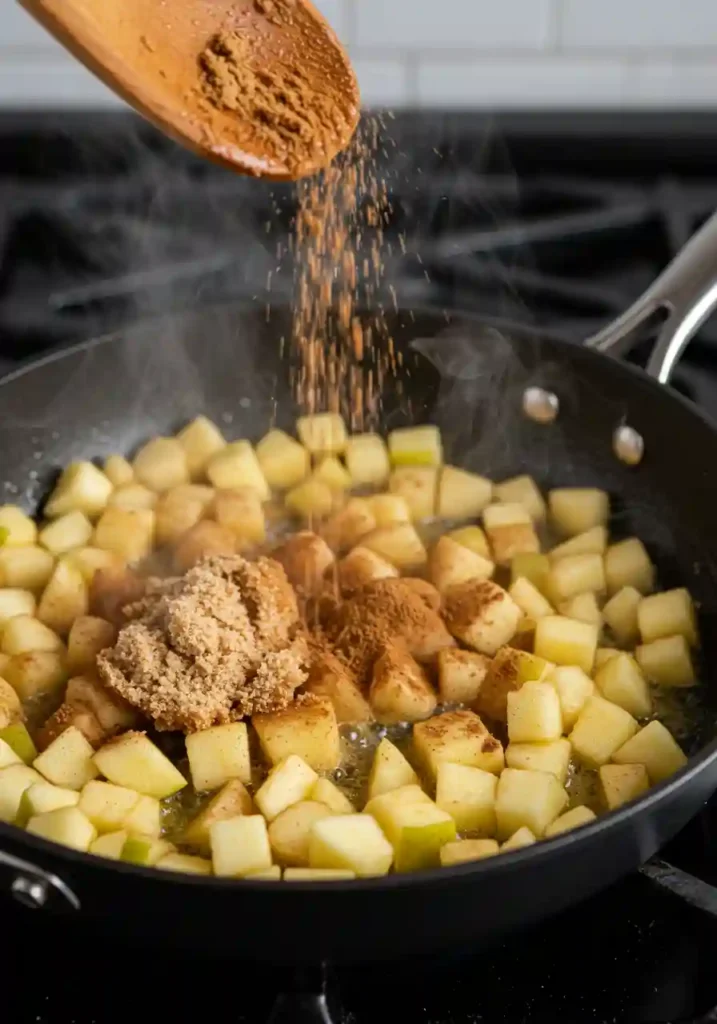 Diced apples cooking in skillet with cinnamon and brown sugar, creating caramelized apple filling for cupcakes