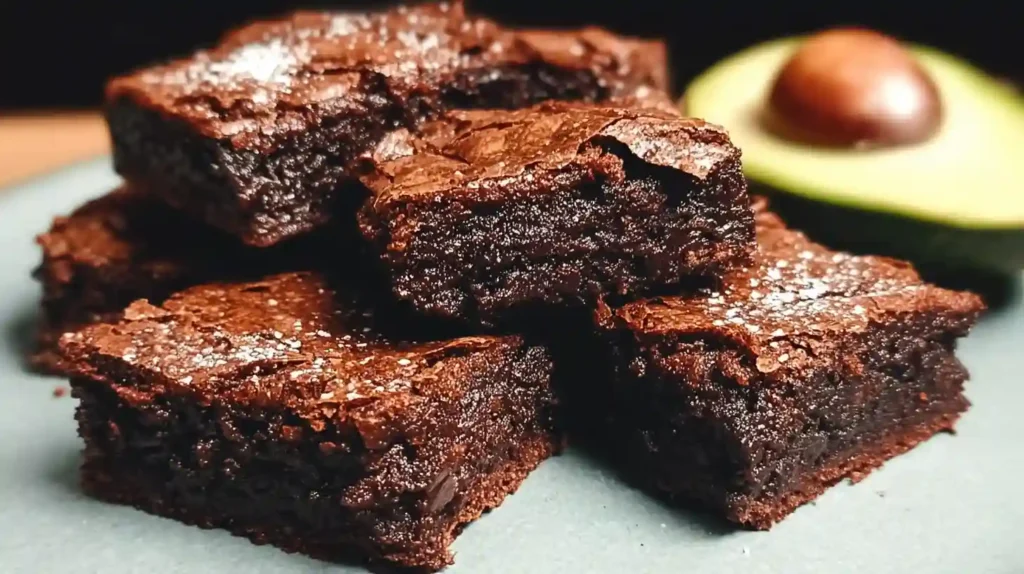 Stack of rich, fudgy avocado brownies cut into squares on a white plate with chocolate chips scattered around