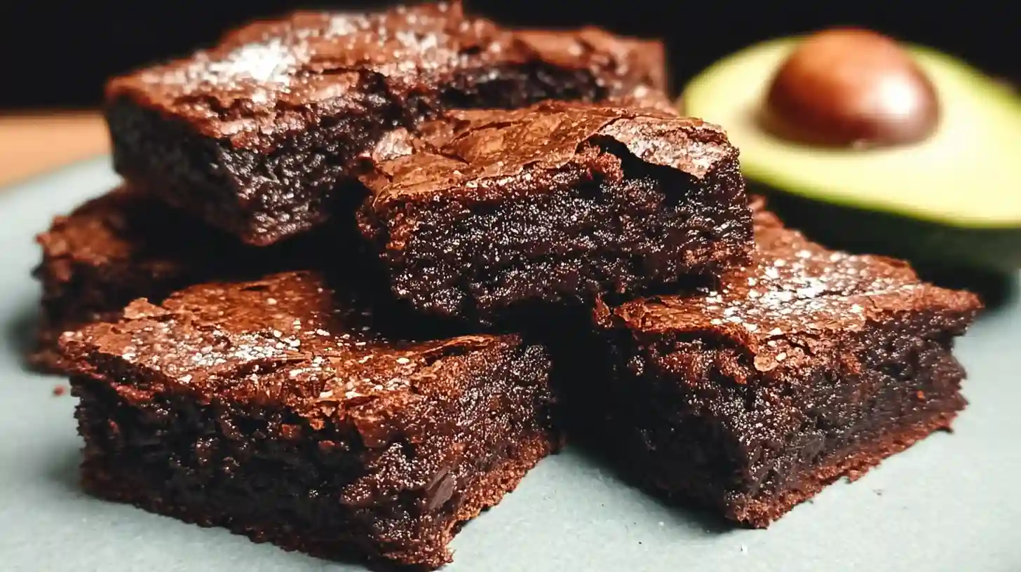 Stack of rich, fudgy avocado brownies cut into squares on a white plate with chocolate chips scattered around