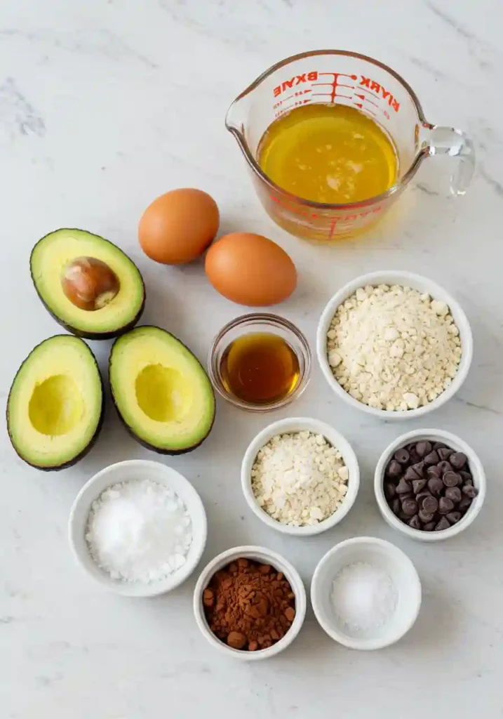 Raw ingredients for avocado brownies including ripe avocados, cocoa powder, almond flour, eggs, and chocolate chips arranged on marble countertop