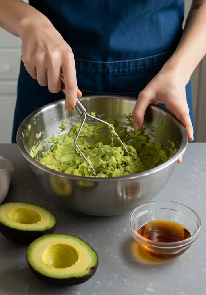 Hands mashing ripe avocados in a large mixing bowl until smooth and creamy for avocado brownies recipe