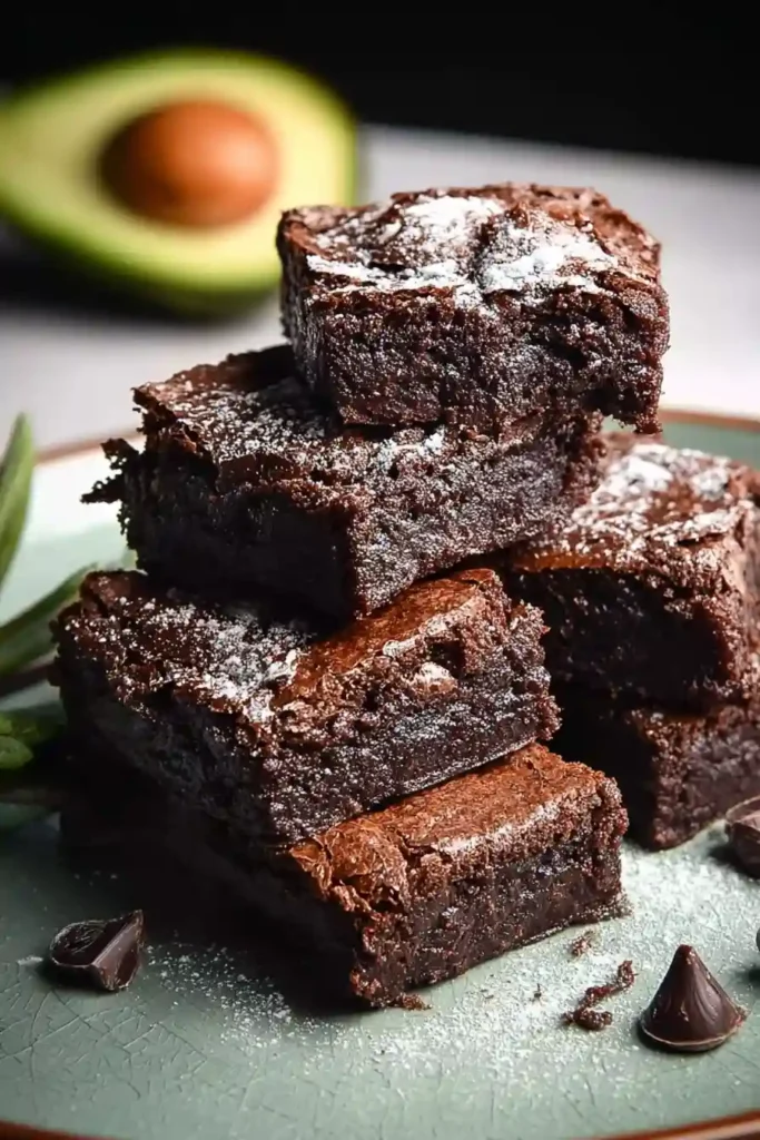 Avocado brownies baking in square pan in preheated oven, showing golden brown edges and set center 