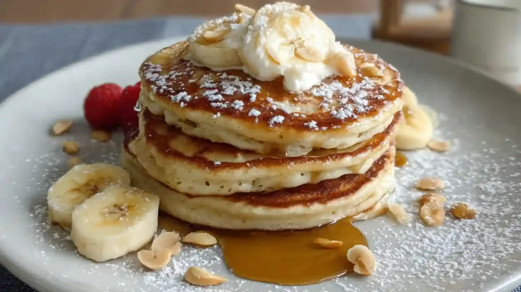 Stack of fluffy banana cottage cheese pancakes topped with fresh strawberries and blueberries on white plate