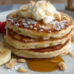 Stack of fluffy banana cottage cheese pancakes topped with fresh strawberries and blueberries on white plate