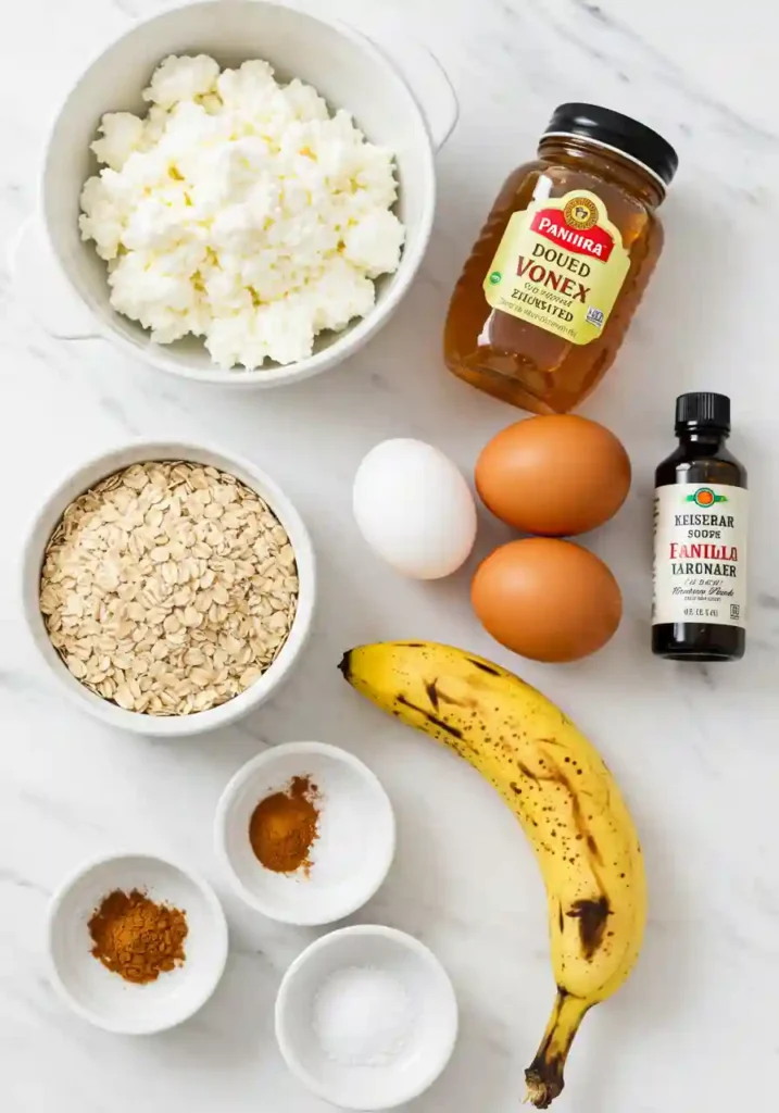 Fresh banana, cottage cheese bowl, eggs, oats, and spices arranged on marble countertop for pancake recipe