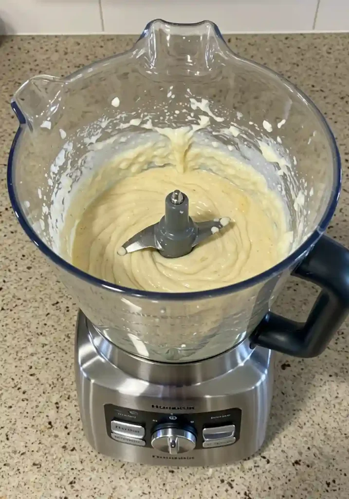 Food processor blending cottage cheese, banana and eggs into smooth pancake batter