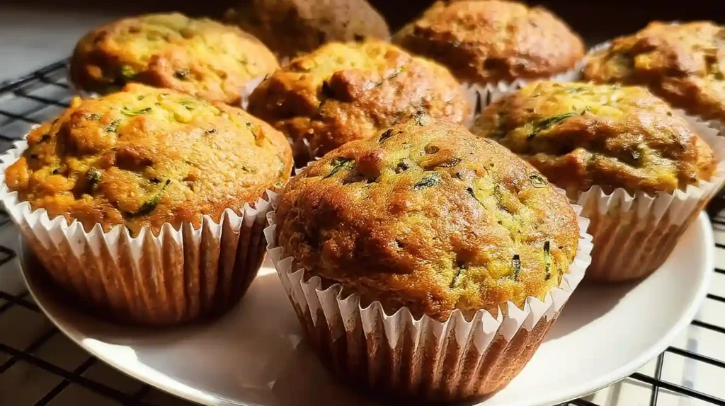 Golden brown banana zucchini muffins arranged on white plate with fresh zucchini and bananas in background