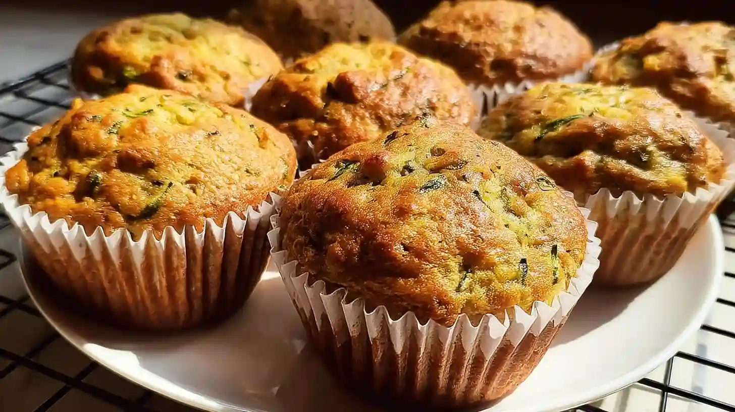 Golden brown banana zucchini muffins arranged on white plate with fresh zucchini and bananas in background