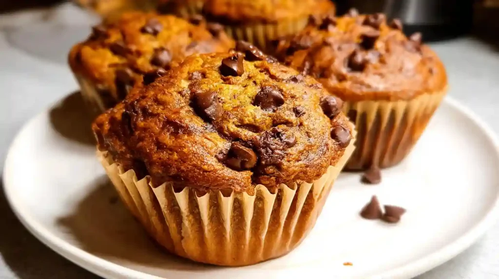 Freshly baked pumpkin chocolate chip muffins with golden tops and melted chocolate chips on a cooling rack
