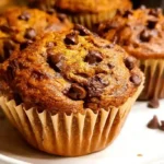 Freshly baked pumpkin chocolate chip muffins with golden tops and melted chocolate chips on a cooling rack