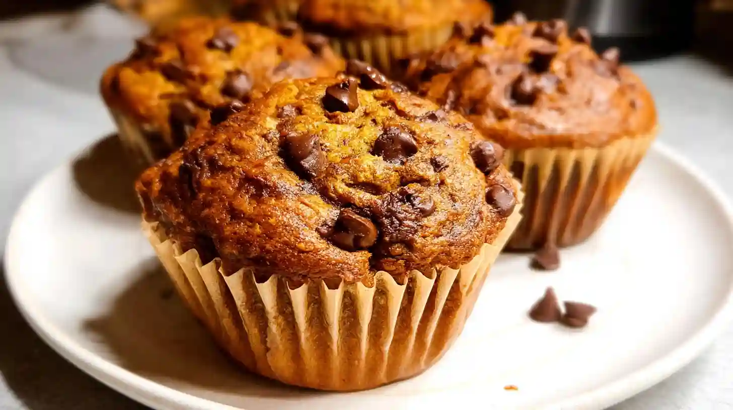 Freshly baked pumpkin chocolate chip muffins with golden tops and melted chocolate chips on a cooling rack