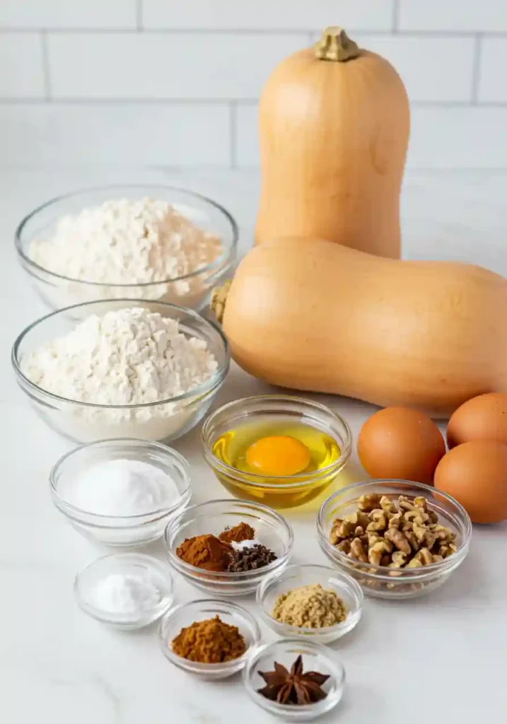 All ingredients for butternut squash bread recipe arranged on white background including fresh butternut squash, flour, spices, and eggs