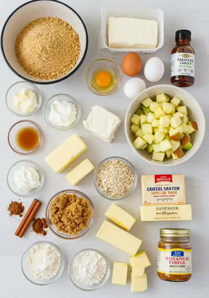 All ingredients for caramel apple cheesecake bars laid out including cream cheese, apples, graham crackers, butter, eggs, caramel sauce and spices