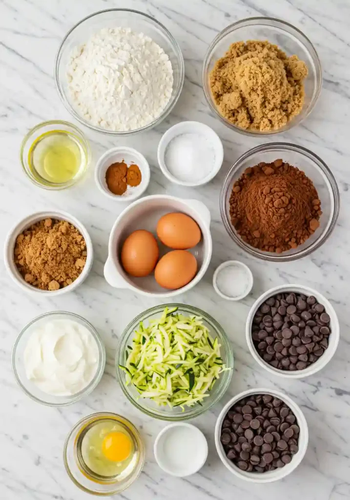 All ingredients for making chocolate chip zucchini bread recipe