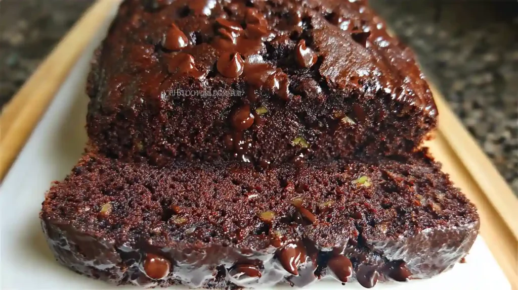 Moist chocolate chip zucchini bread with melted chocolate chips