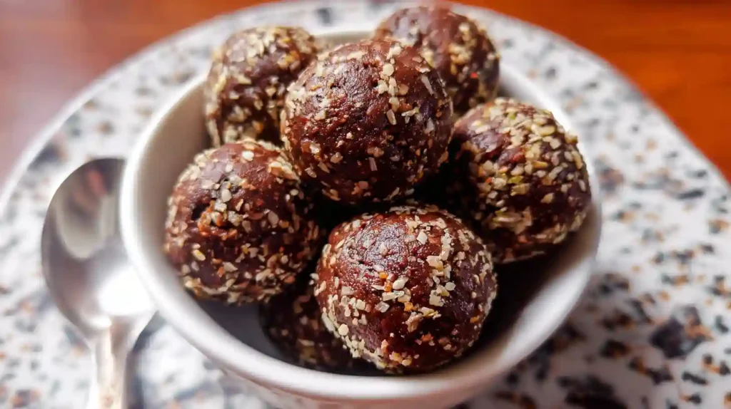 Homemade chocolate energy balls arranged on white plate with cocoa powder dusting and chia seeds scattered around