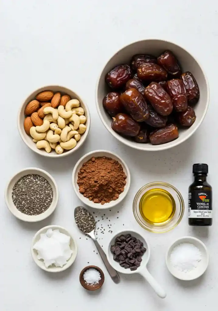 Raw ingredients for chocolate energy balls including dates, almonds, cocoa powder, chia seeds, flaxseed and coconut oil arranged on marble counter