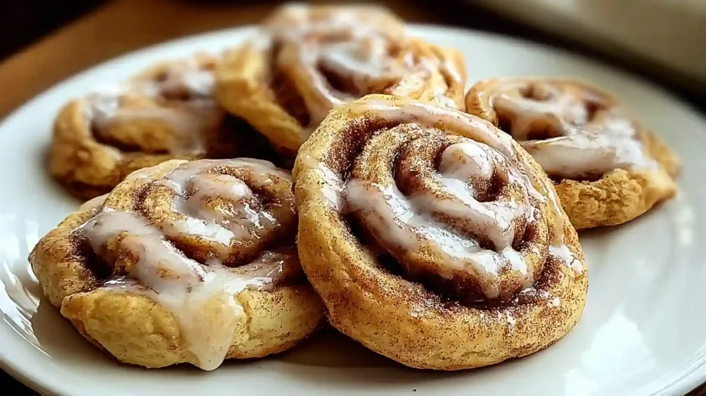 Stack of golden cinnamon roll cookies with spiral swirls and white glaze drizzled on top