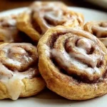 Stack of golden cinnamon roll cookies with spiral swirls and white glaze drizzled on top