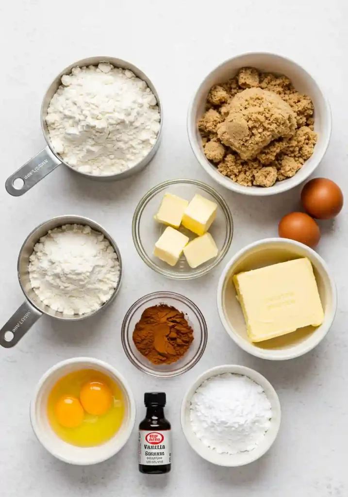 All ingredients for cinnamon roll cookies arranged on counter including flour, butter, sugars, cinnamon, and eggs