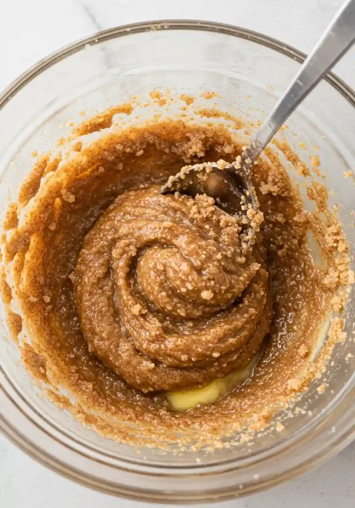 Bowl of cinnamon sugar mixture with melted butter being stirred together for cookie filling