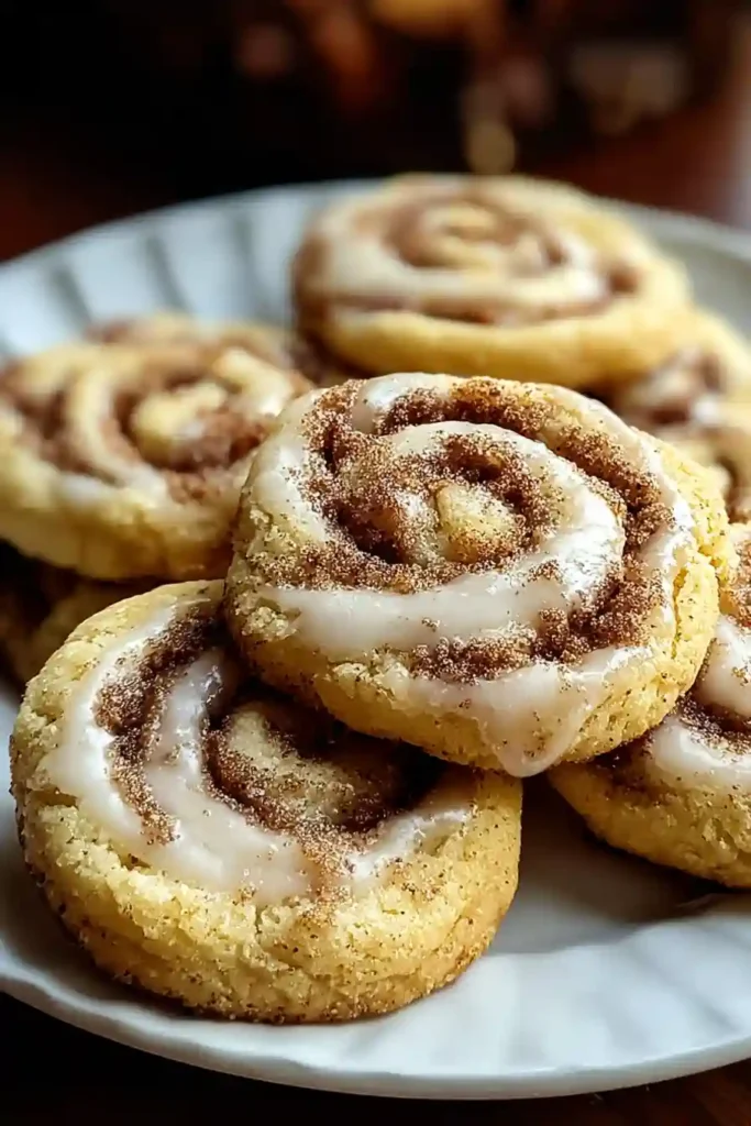 Hand drizzling white vanilla glaze over warm cinnamon roll cookies on baking sheet