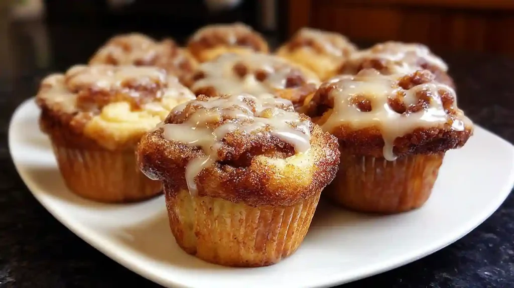 Freshly baked cinnamon roll muffins with white glaze drizzle on cooling rack