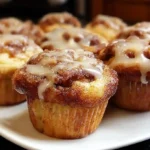 Freshly baked cinnamon roll muffins with white glaze drizzle on cooling rack