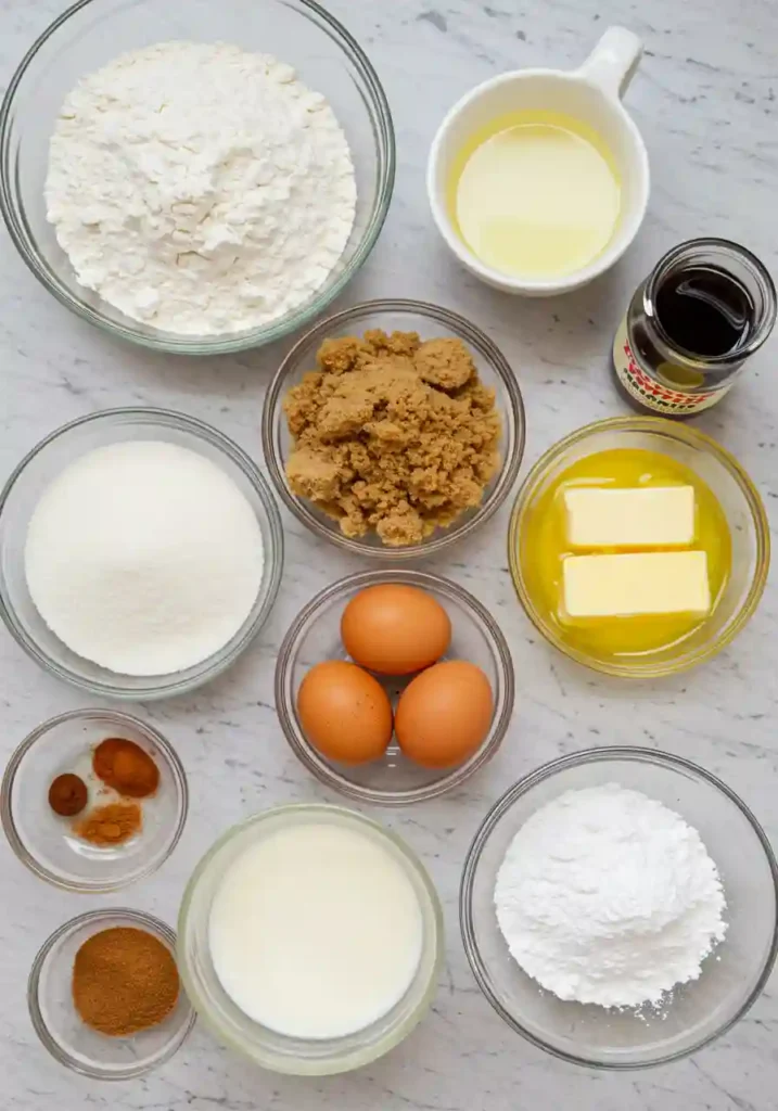 All ingredients for cinnamon roll muffins arranged on white countertop including flour, sugar, cinnamon, butter, and milk
