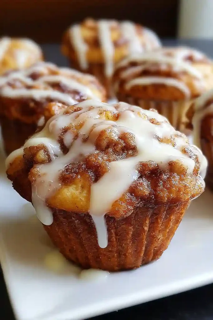 Hand drizzling white powdered sugar glaze over freshly baked cinnamon roll muffins on wire cooling rack