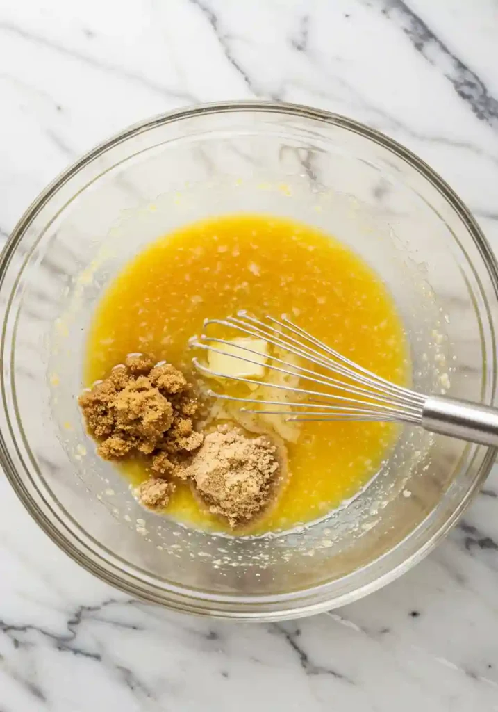 Bowl showing mixed wet ingredients including apple cider reduction, melted butter, oils, sugars, and eggs for donut cake