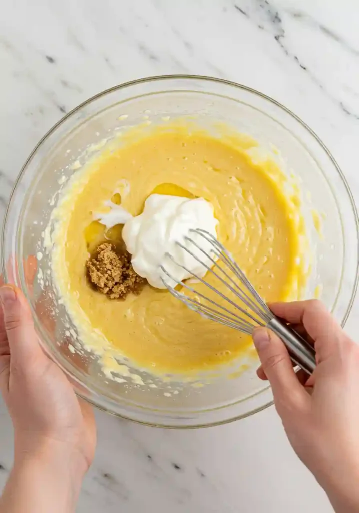 Mixing eggs oil and brown sugar in large bowl