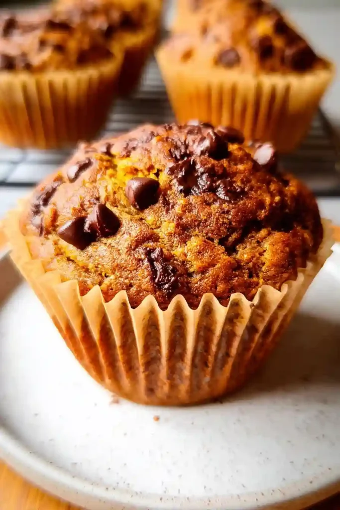 Warm pumpkin chocolate chip muffins cooling on wire rack after baking with golden brown tops