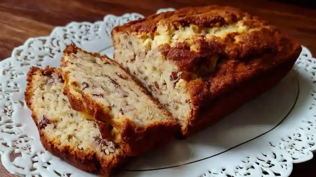 Moist cottage cheese banana bread sliced on wooden cutting board showing protein-rich texture