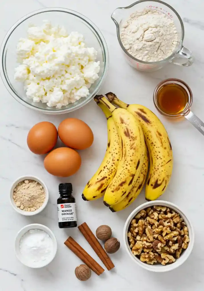 All ingredients for cottage cheese banana bread recipe including ripe bananas, cottage cheese, flour, and eggs