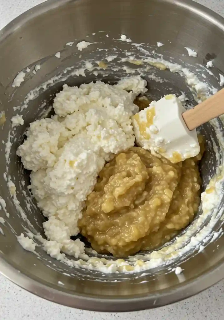 Cottage cheese being mixed with mashed bananas in large bowl for high protein banana bread recipe