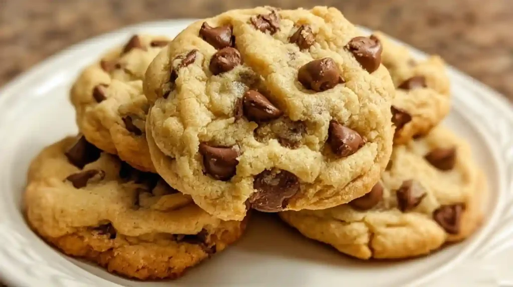 Stack of soft cottage cheese chocolate chip cookies on white plate with chocolate chips scattered around