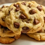 Stack of soft cottage cheese chocolate chip cookies on white plate with chocolate chips scattered around