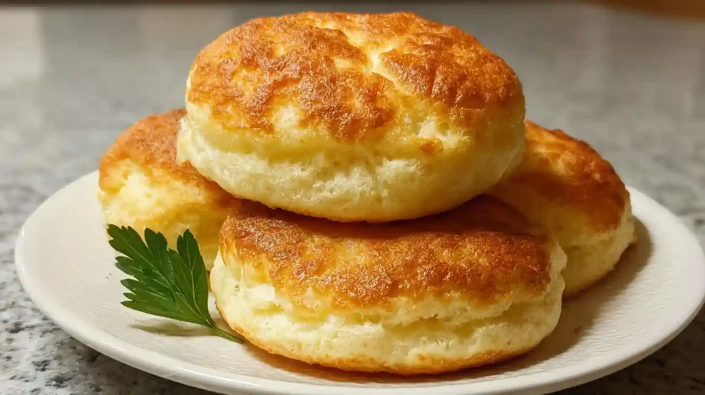 Stack of golden brown cottage cheese cloud bread pieces on white plate showing fluffy texture